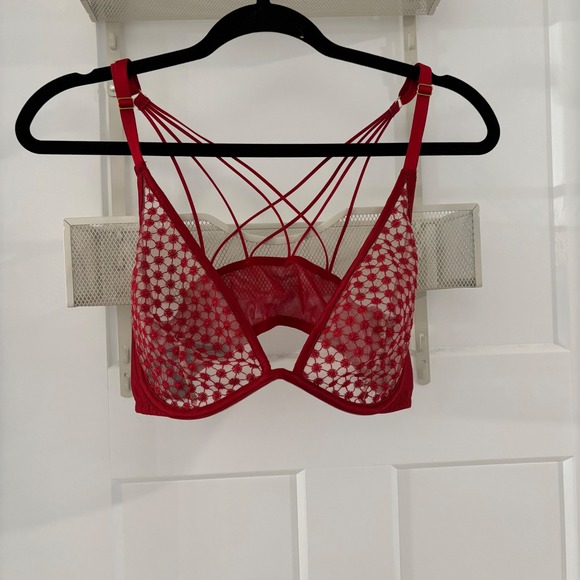 Victoria's Secret Floral Embroidered Sheer Red Lace Strappy Bra 36C Lingerie - Picture 1 of 6